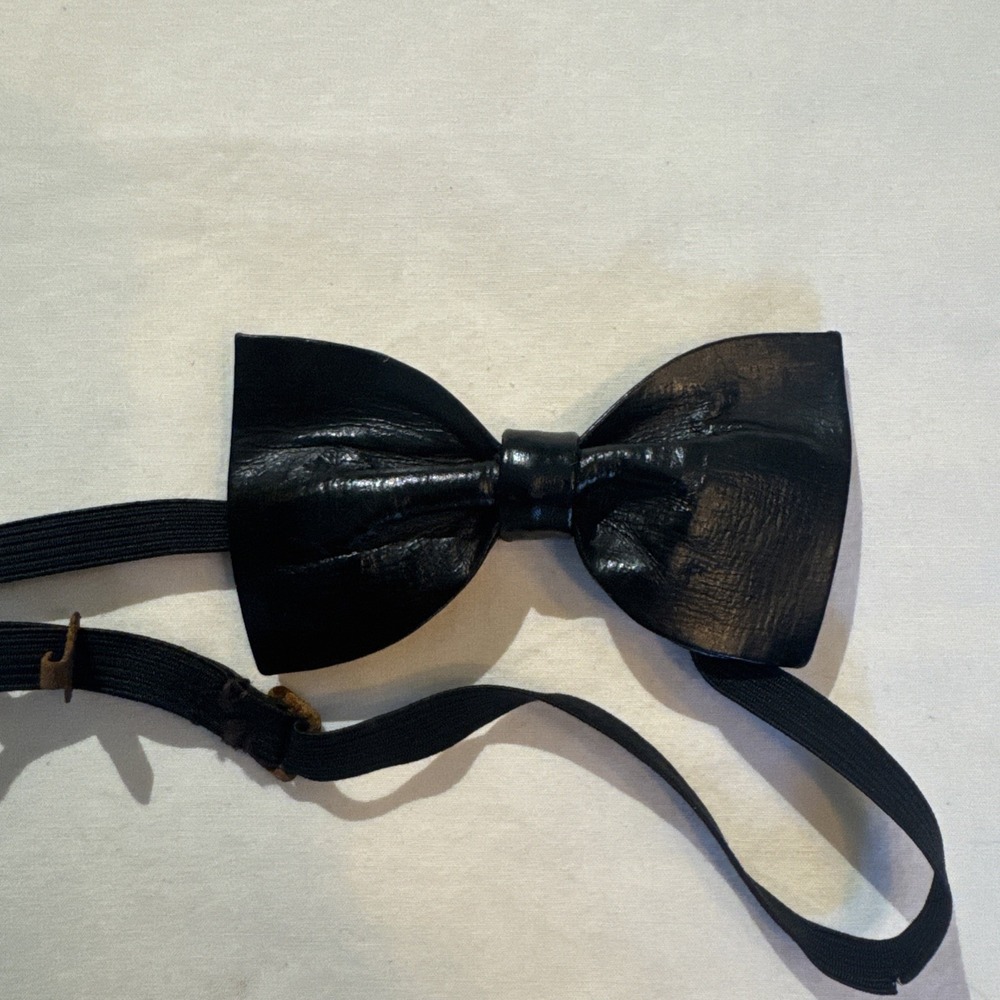 Vintage Handmade Black Leather Bow Tie Pre-tied Formal Authentic Leather